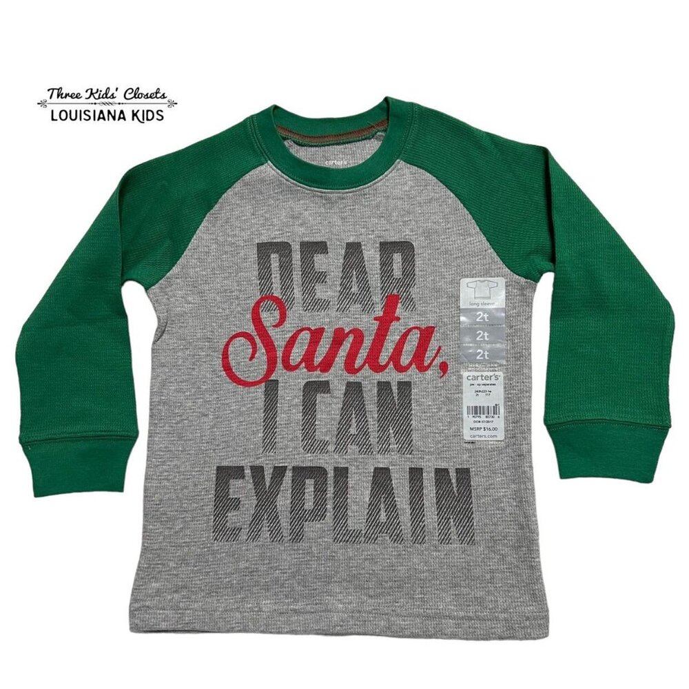 NEW Carter's 2T Christmas Dear Santa Waffle Knit Raglan Shirt